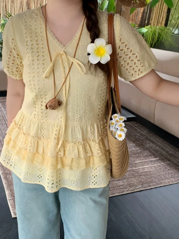 9902大码女装v领镂空衬衫花边短袖上衣夏季胖mm显瘦绝美小衫衬衣