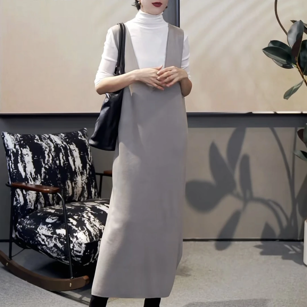 【莫妮卡卡】长119新款简约设计长款显瘦深V背心马甲连衣裙XYMY1016