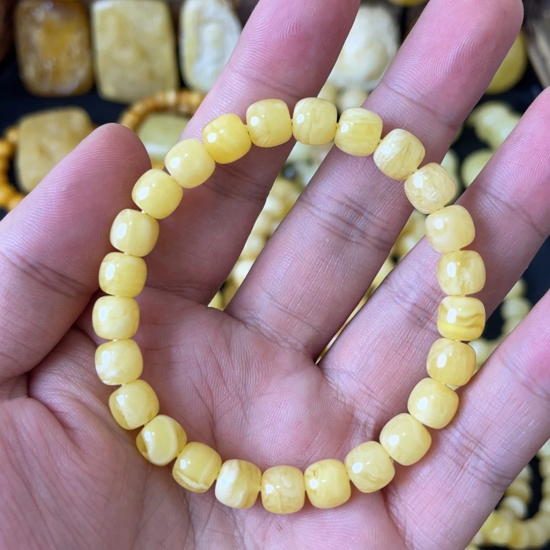 琥珀未镶嵌手串8mm俄料高桩黄白花蜡精工老型手串