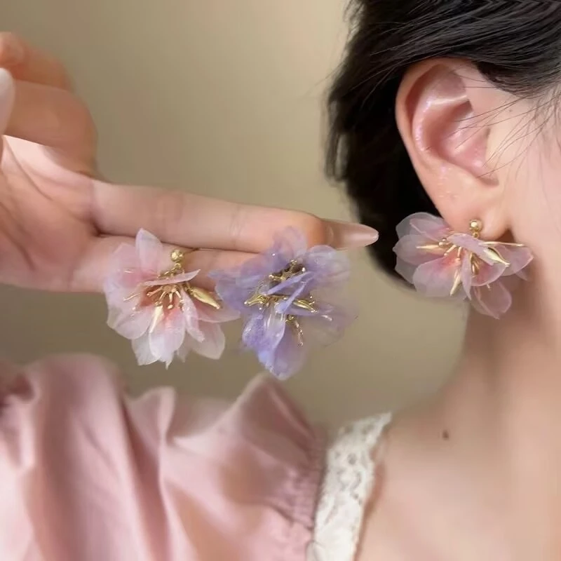 合金耳饰 紫色花朵耳环女小众设计感韩系仙气度假耳钉气质耳饰