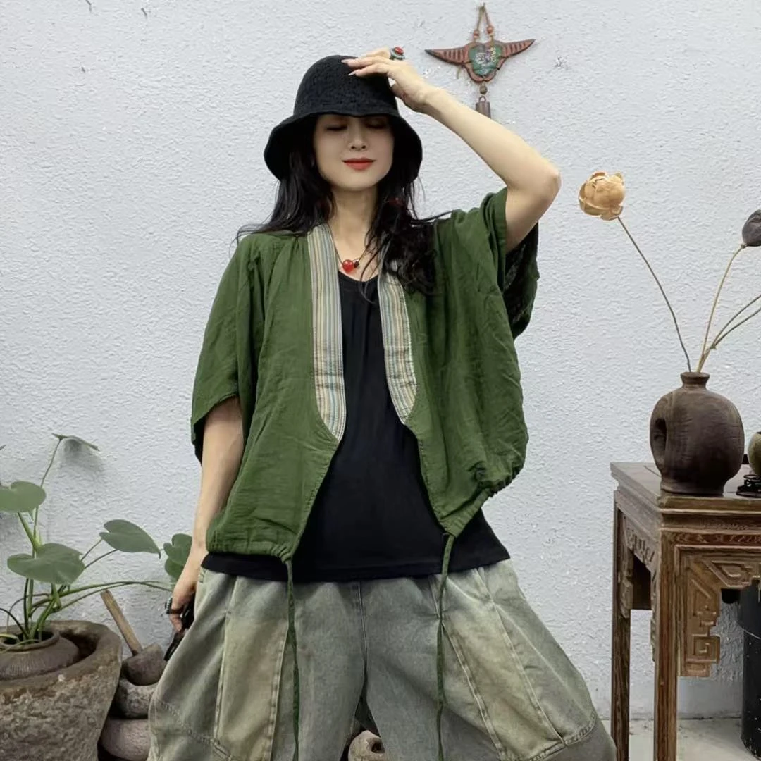 88012领拼麻料小立领双层纱蝙蝠袖开衫外套（长53胸围150