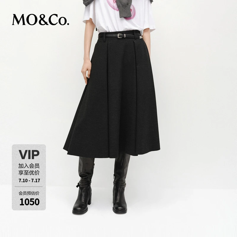 MOCO半身裙2025春新品附腰带高腰解构渐变工字褶A字MBE1SKT009