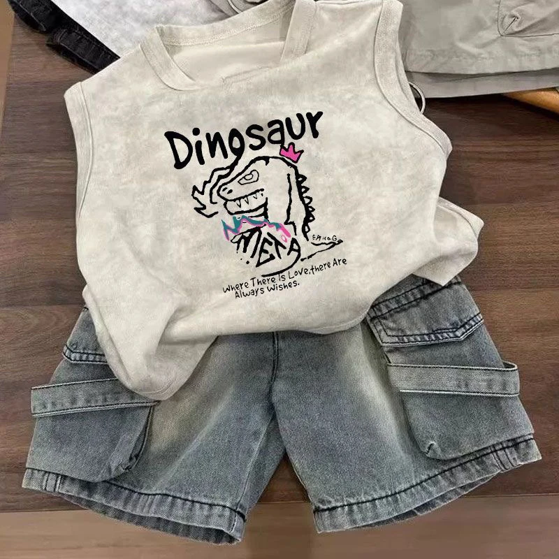 扎染男童宽松无袖帅气男宝恐龙印花韩版中小童纯棉背心t恤夏季潮