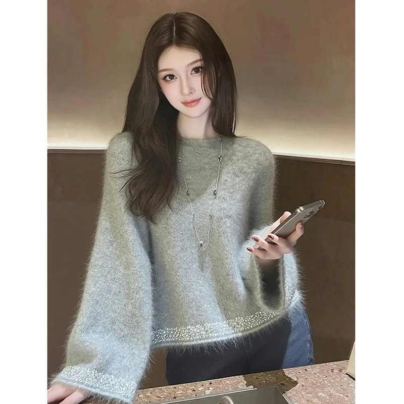 高端小资上衣宽松慵懒风软糯针织上衣灰色钉珠套头毛衣【阿琳穿搭】