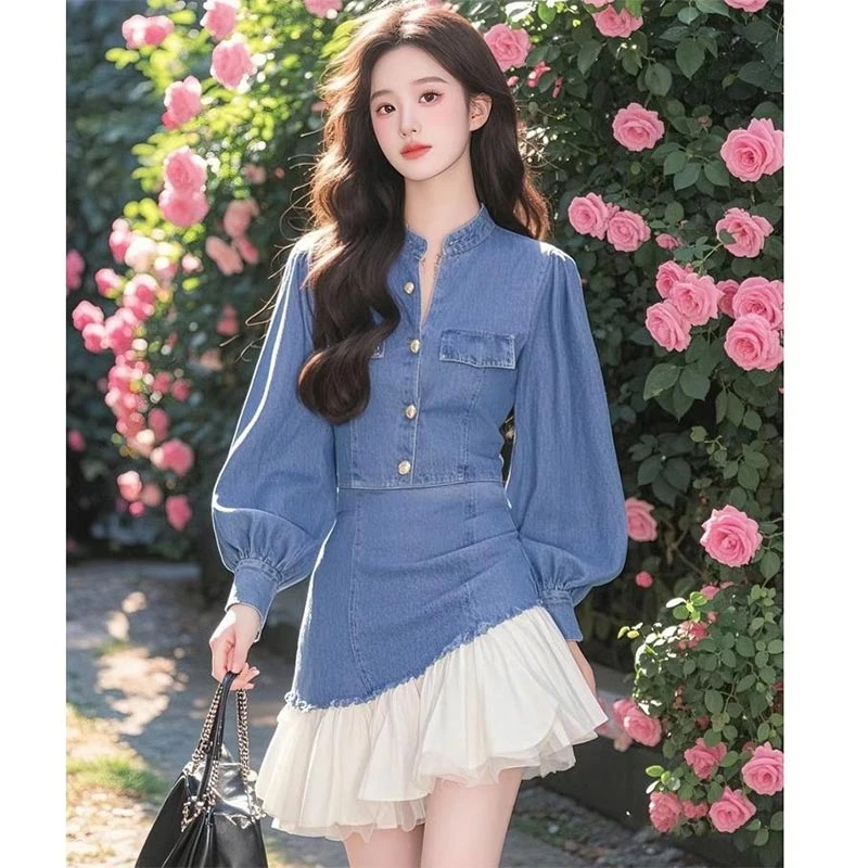 2025春秋法式新款拼接牛仔连衣裙女收腰显瘦高级感时尚个性短裙子