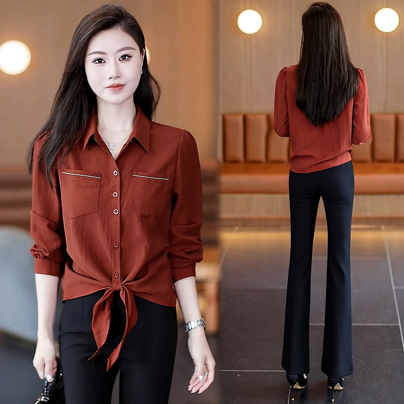 女装衬衣打底上衣百搭洋气长袖不起球POLO领系带衬衫秋季春秋气质