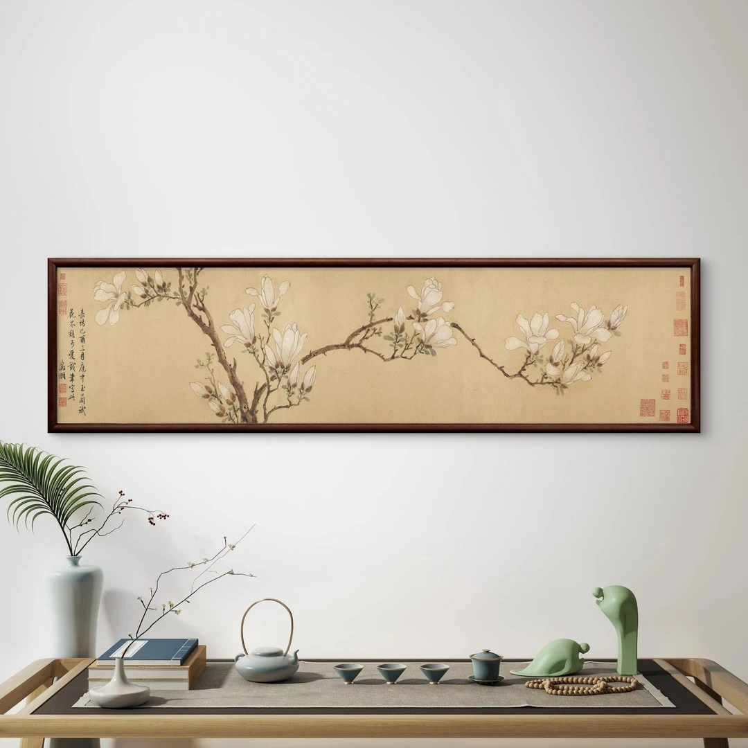 027-40*150玉兰图实木框办公室玄关书房茶室客厅挂画