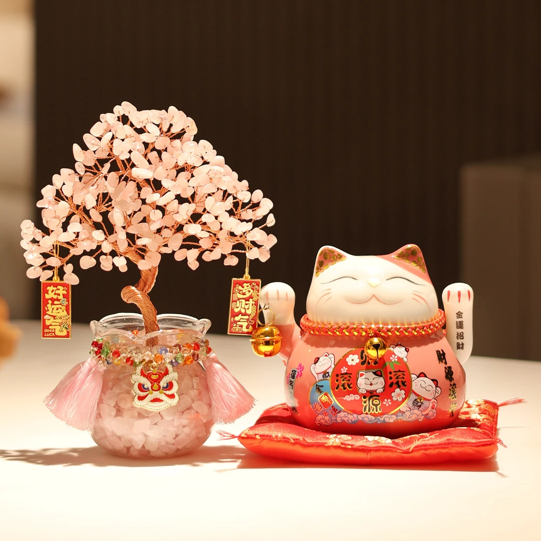 天然粉水晶桃花树招财猫摆件办公室装饰品客厅轻奢高档家居好礼物