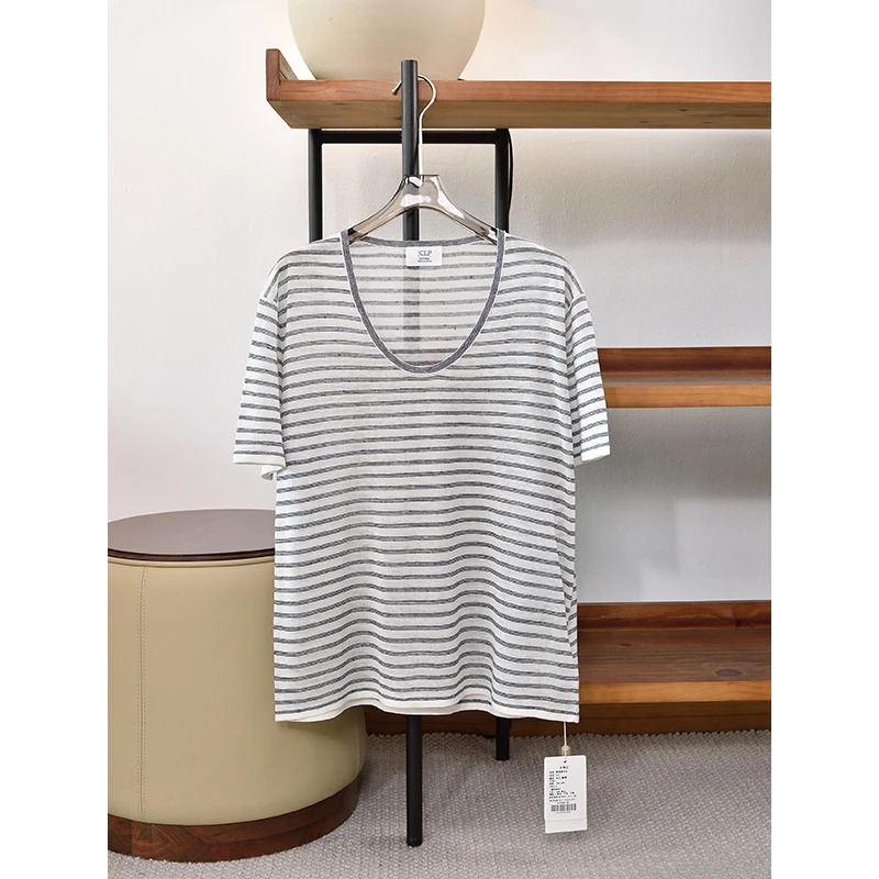 春季新品 16针U型领短袖条纹亚麻+桑蚕丝上衣