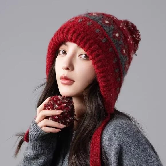 2025新款费尔岛风针织帽女秋冬季保暖防寒骑车护耳帽显脸小雷锋帽