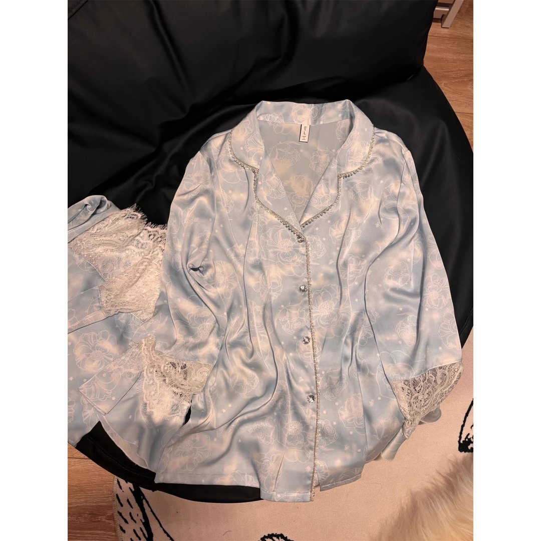 高级感轻奢蕾丝冰丝长袖睡衣女春秋2025新款开衫大码长裤家居套装