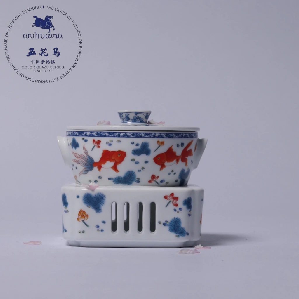 景德镇五花马12cm唯美汤盅身+盖+炉（金玉满堂）