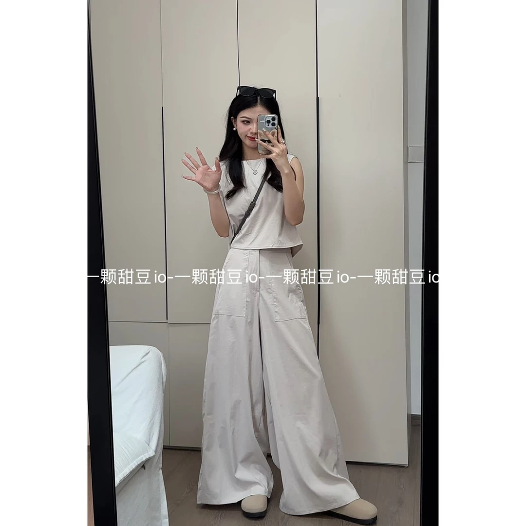 众和梦韩系夏季新款两件套短款上衣高腰阔腿裤时尚显瘦气质小众