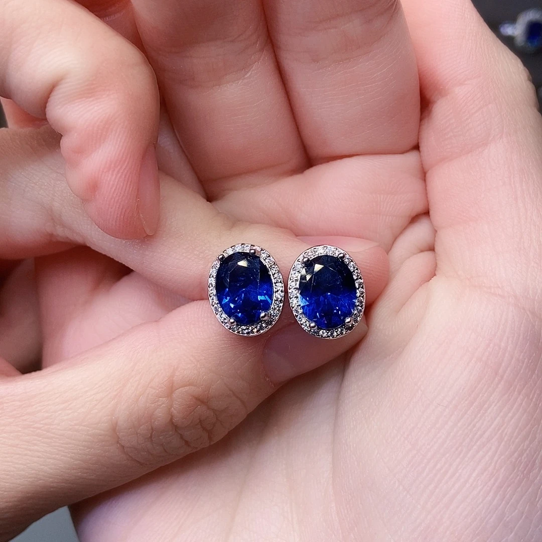 蓝宝石银S925镶嵌耳饰