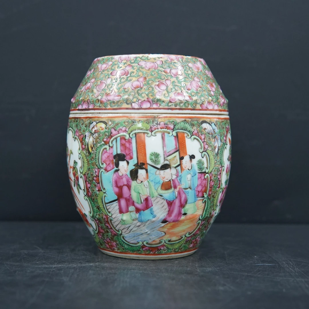 AK00111Y广彩开窗庭院人物花鸟鼓型盖缸