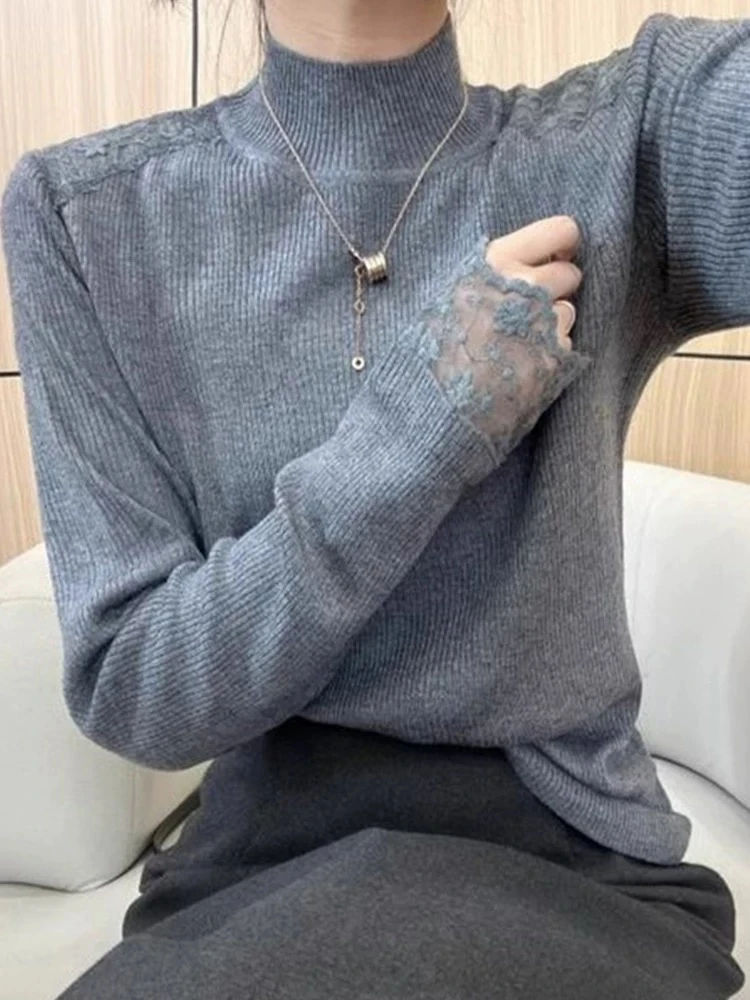 047半高领长袖高级感蕾丝拼接毛衣打底衫