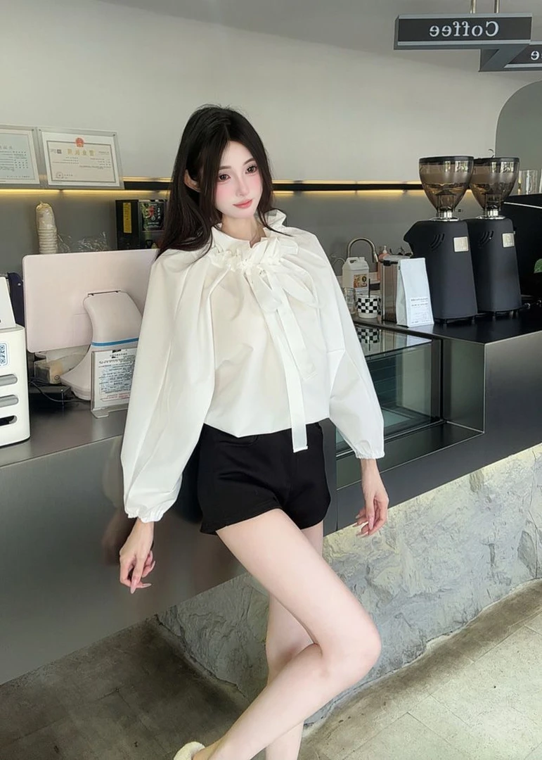 秋季纯色荷叶边立领长袖系带衬衫宽松设计感上衣白色2025洋气百搭