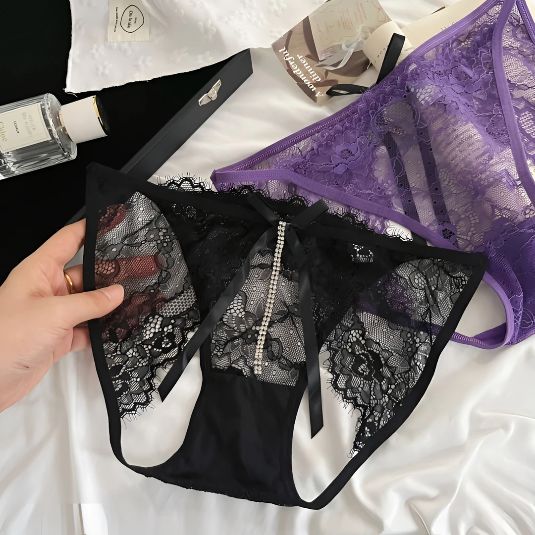 私密爱人~新款蝴蝶结闪钻蕾丝开花内裤纯欲性感紫色魅惑女三角裤