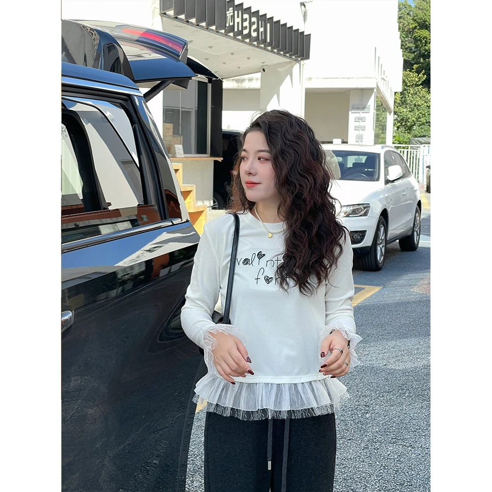 WenWen小个子韩系蕾丝花边拼接长袖T恤显瘦内搭打底衫上衣2436