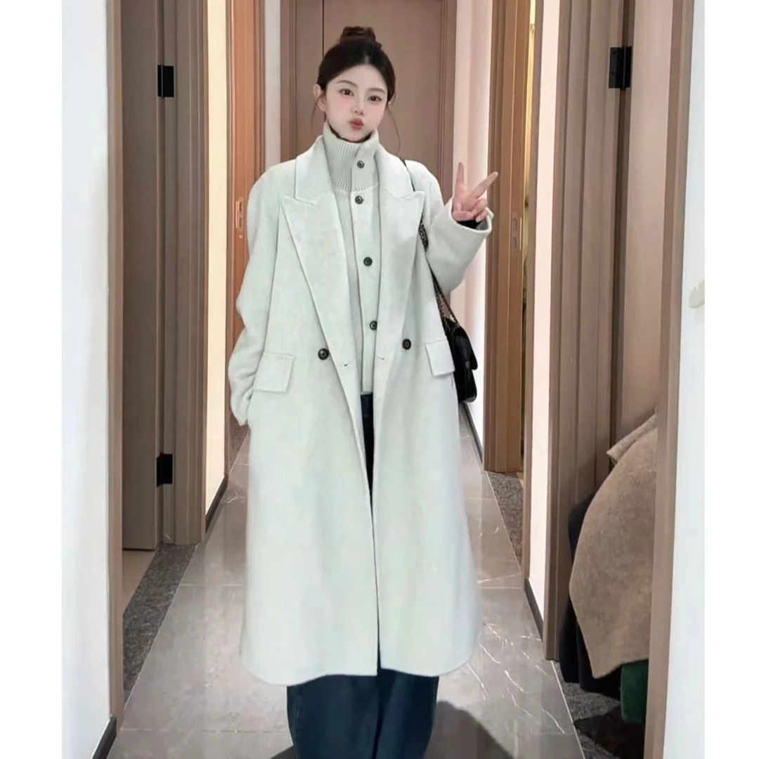 2025秋冬新款中长款长袖秋冬朋克风立领双面羊毛两件套