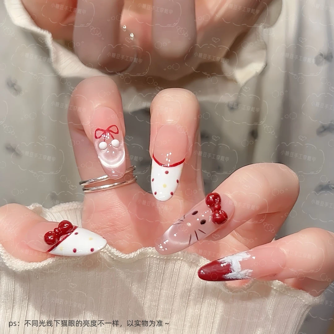 【少女Kitty】手工穿戴甲法式猫眼蝴蝶结显白高级感可拆卸美甲十片