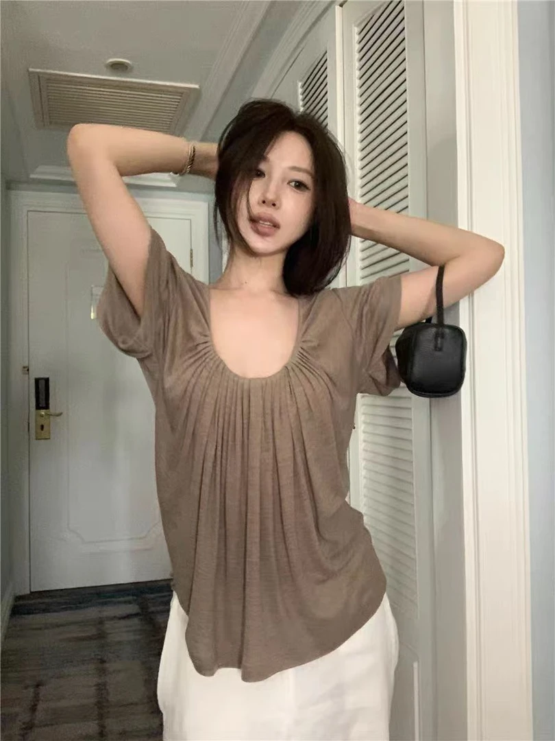 pinkmoon||设计感褶皱短袖T恤百搭上衣夏季宽松显瘦气质上衣