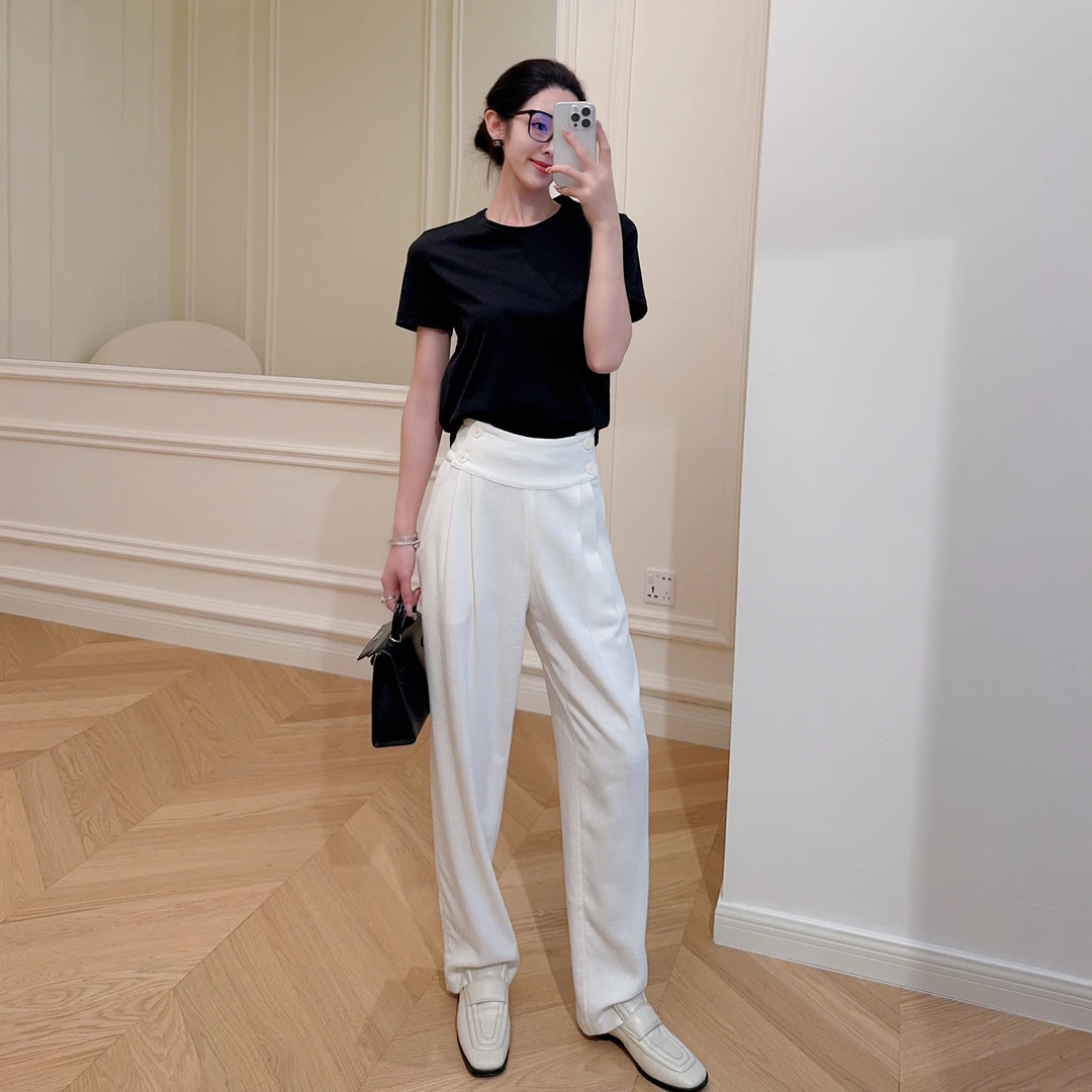 嫚渡2025秋季新款女装纯色显瘦气质休闲裤时尚设计感亚麻裤子