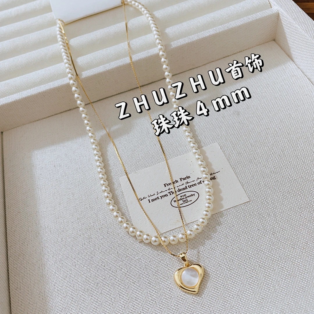 铜合金仿珍珠项链 时尚气质小众叠戴百搭一套爱心吊坠珠珠项链