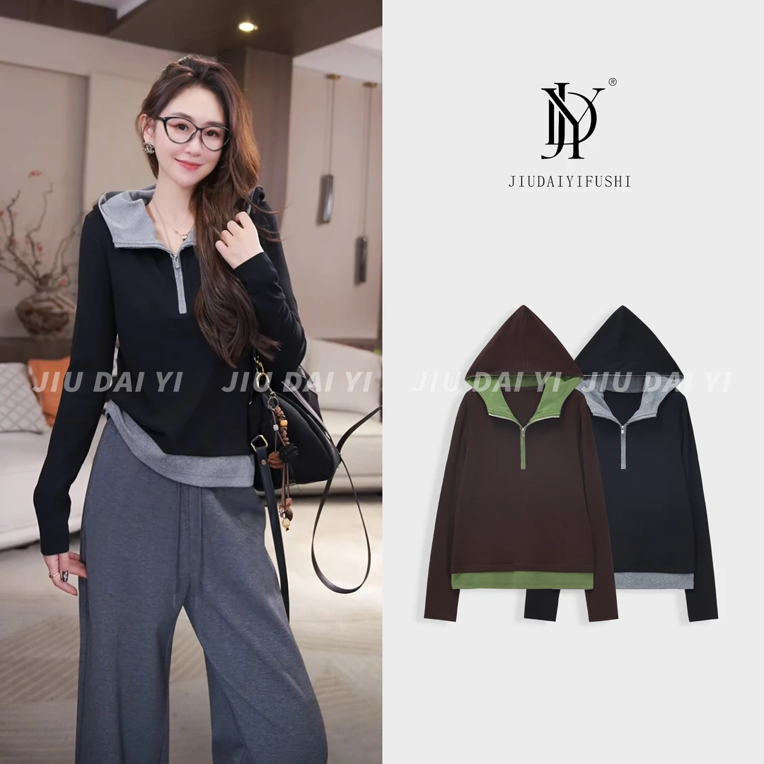 玖黛衣【芝绘】新款时尚百搭POLO领秋季长袖休闲风T恤 TXJ45005