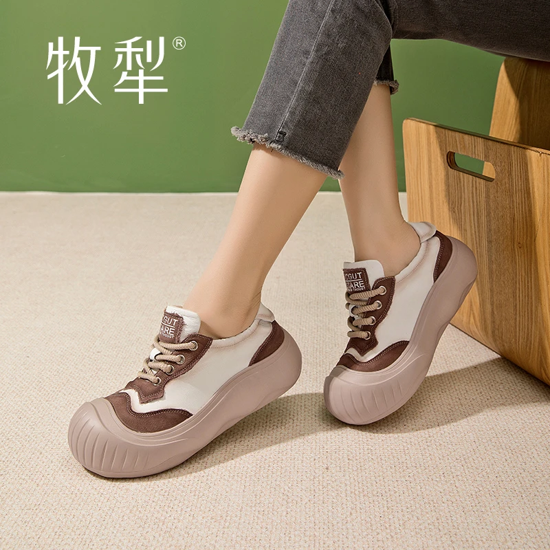 牧犁春季圆头平底舒适百搭拼色简约交叉系带透气防滑复古真皮女鞋