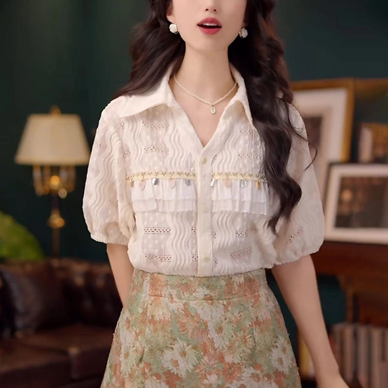 女士法式白色衬衫夏季2025新款高级感宽松显瘦时尚蕾丝衬衣上衣