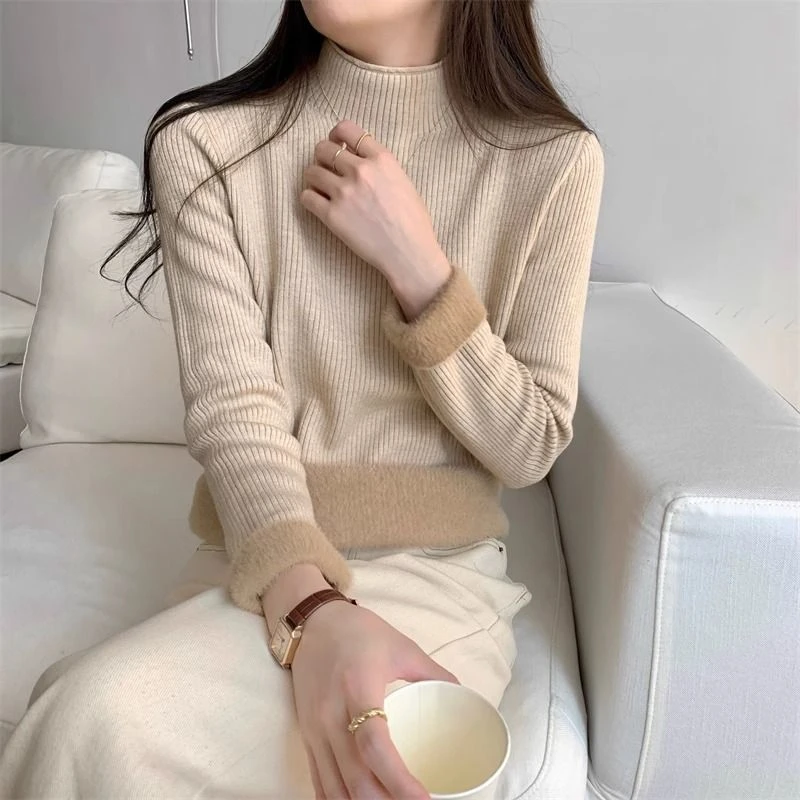 加绒毛衣女秋冬2024新品爆款加厚保暖内搭打底衫一体绒半高领上衣