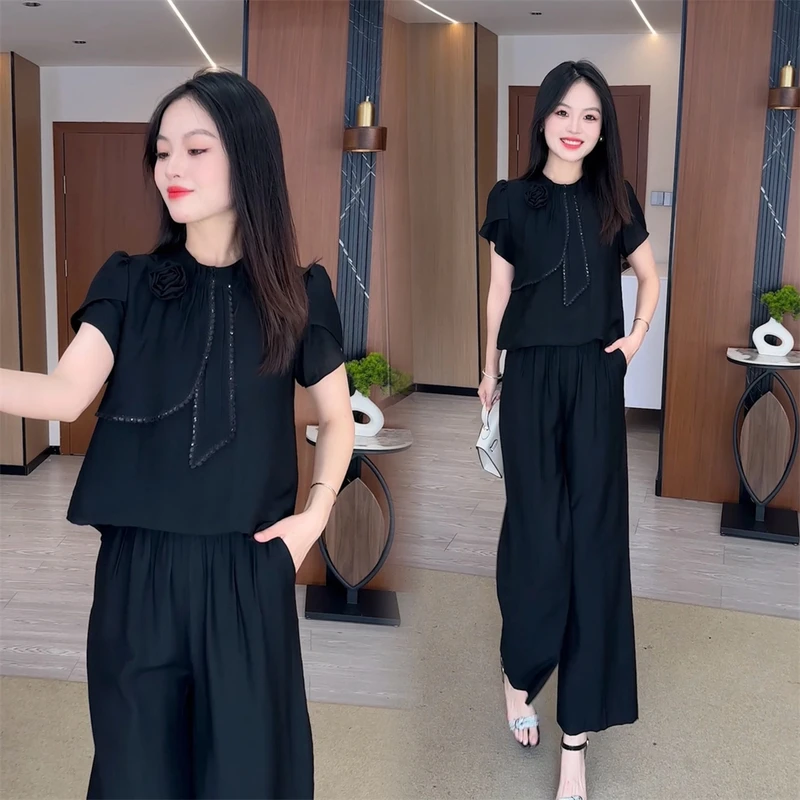【赠运费险】显瘦气质洋气时尚休闲百搭夏季短袖套装黑色减龄宽松