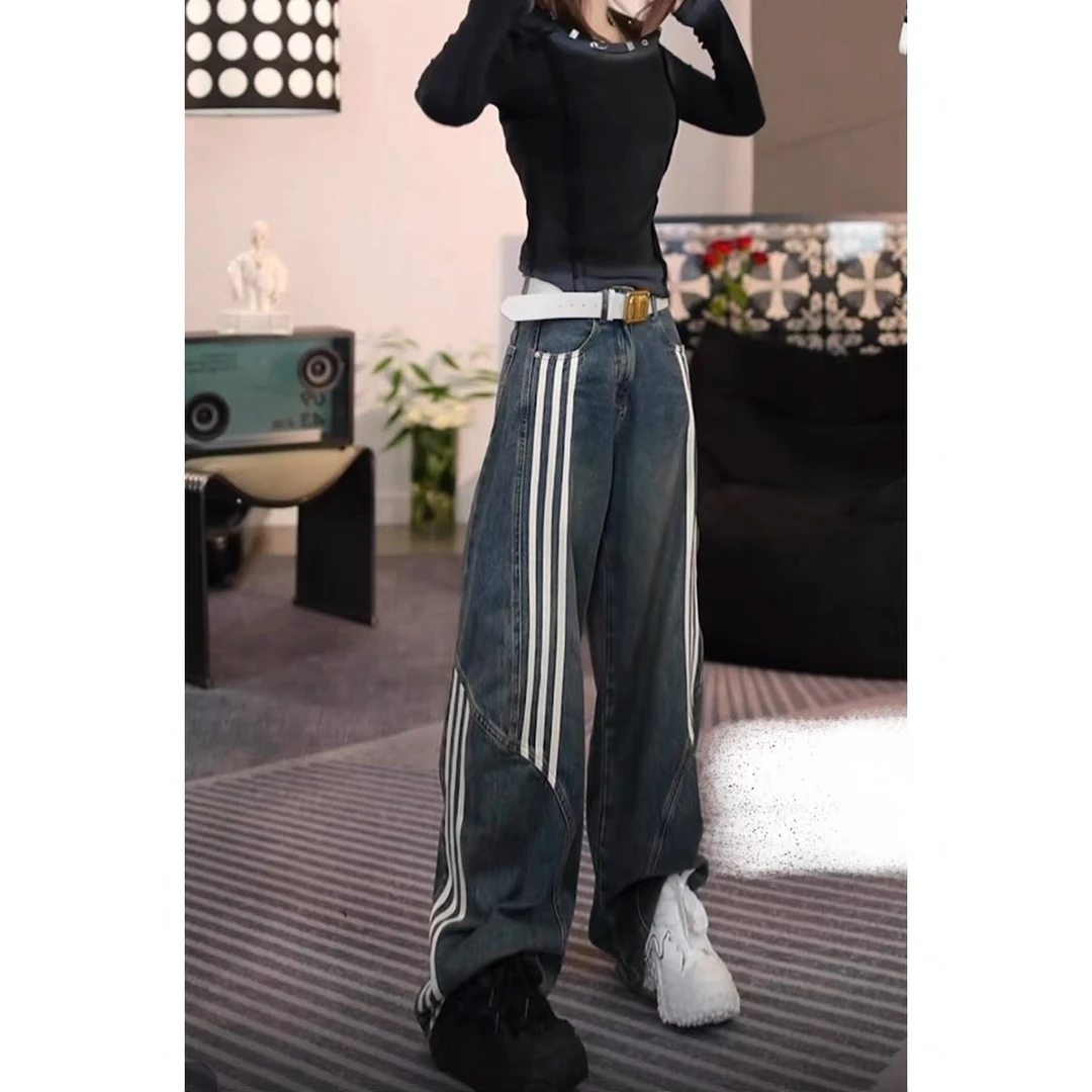 美式复古条纹拼接阔腿牛仔裤女2025秋季新款高腰宽松显瘦拖地长裤