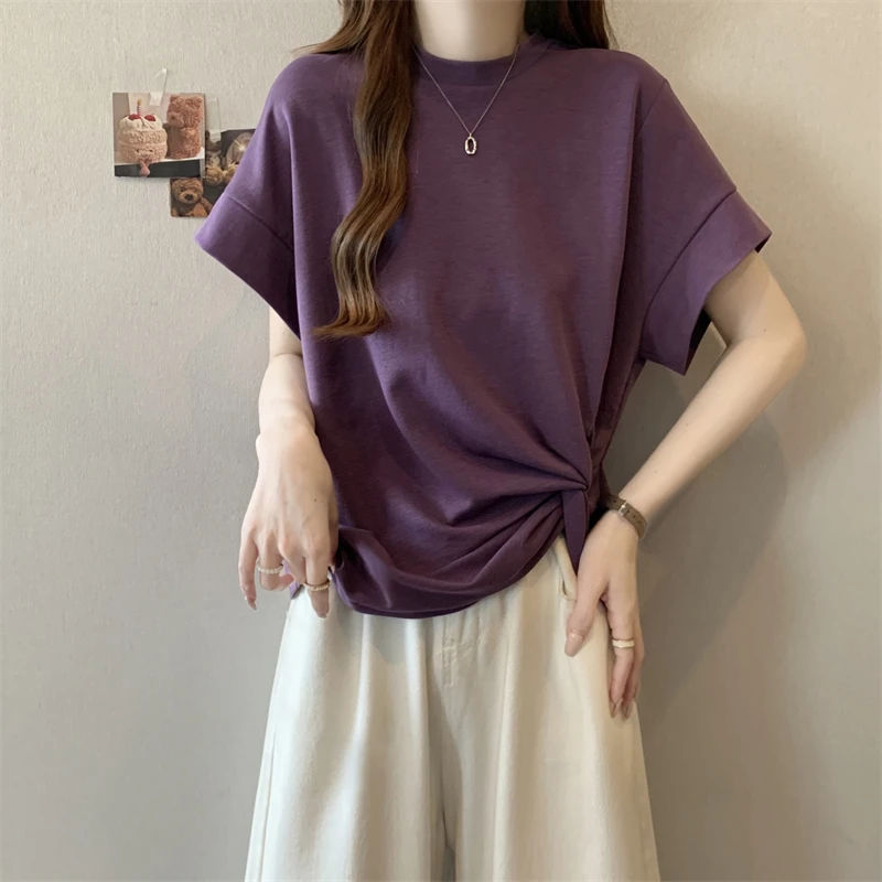设计感不规则正肩短袖T恤女2025夏季大码胖mm遮肚显瘦蝙蝠衫上衣