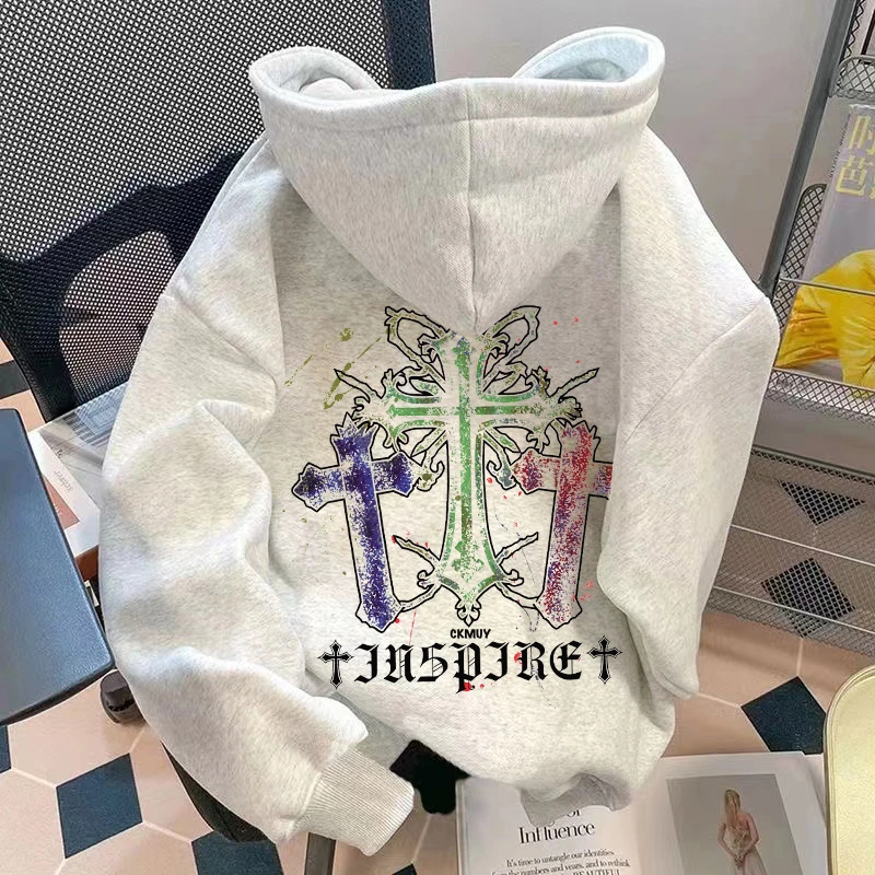 重磅加绒加厚连帽卫衣宽松双层帽炫彩十字架男女同款男装秋冬百搭