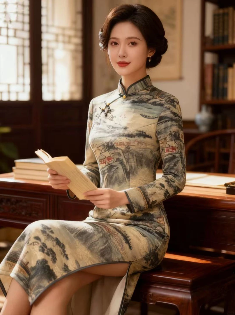 苏州高端【AK江南】裙长123CM印花日常民族风旗袍加厚修身秋冬加绒