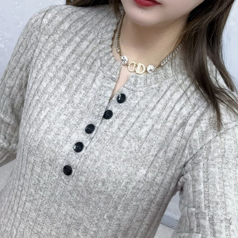 大码设计感半开领纽扣长袖T恤女秋冬季新款胖mm宽松显瘦百搭上衣