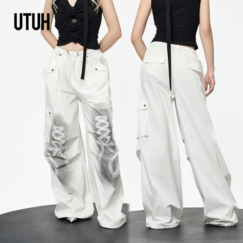 UTUH 白色蕾丝蝴蝶结渐变印花喷色做旧工艺工装长裤女 TDWWR2K127