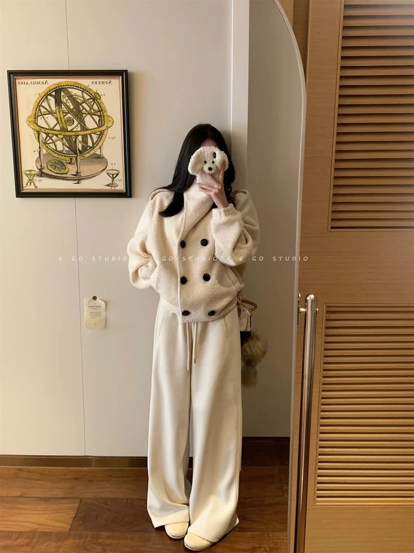 flower自制 羊毛毛绒双排短款羊羔毛外套女秋冬季新款上衣套装