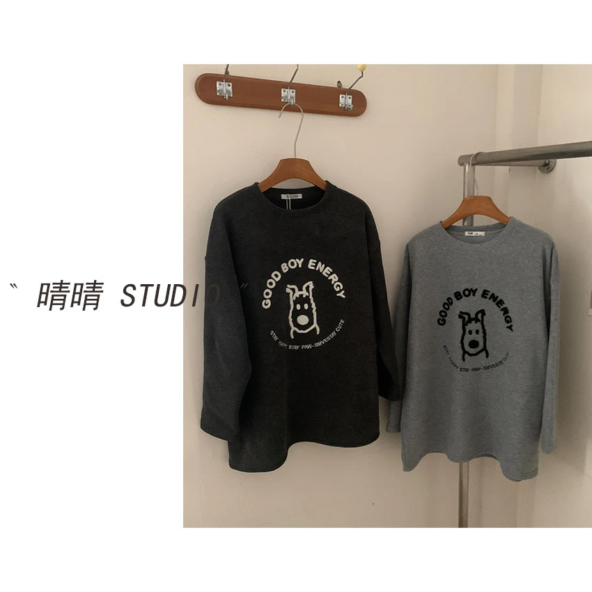 晴晴家-「星沉月落」25年冬韩系简约百搭休闲呆呆小狗字母T恤A26