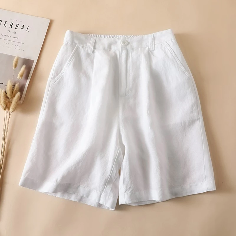 向色高端亚麻五分短裤女2025年夏季a字高腰宽松显瘦5分棉麻中裤