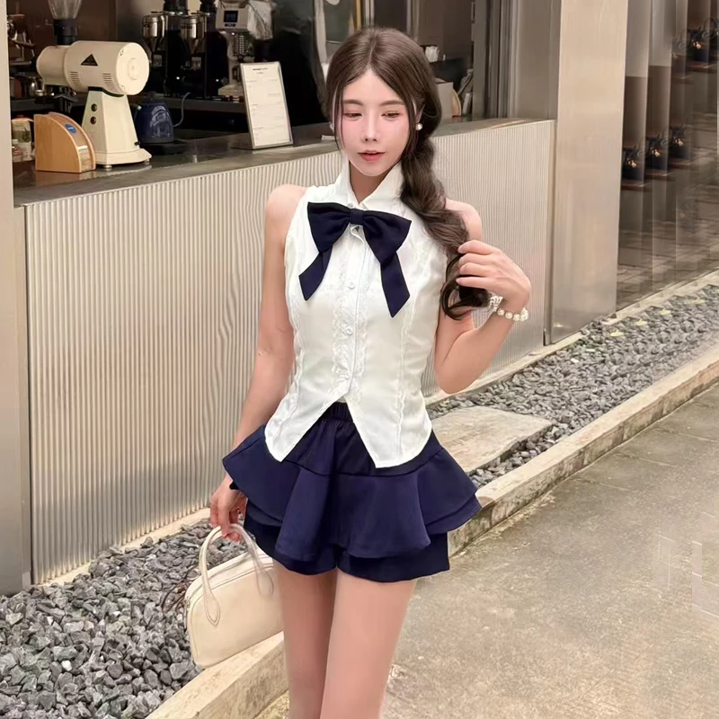 学院风穿搭小众设计感条纹无袖上衣高腰半裙女士夏季套装两件套装