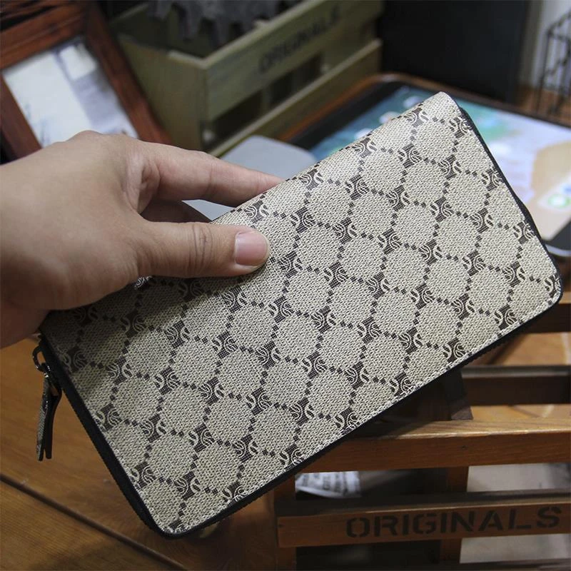 韩版男长款钱包 2024时尚印花格子手抓包多功能手机拉链皮夹潮包