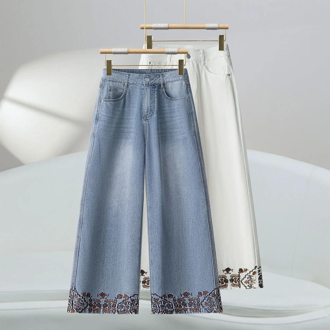 拉夏贝尔白色八分阔腿牛仔裤女夏季薄款2025小个子国风刺绣直筒裤