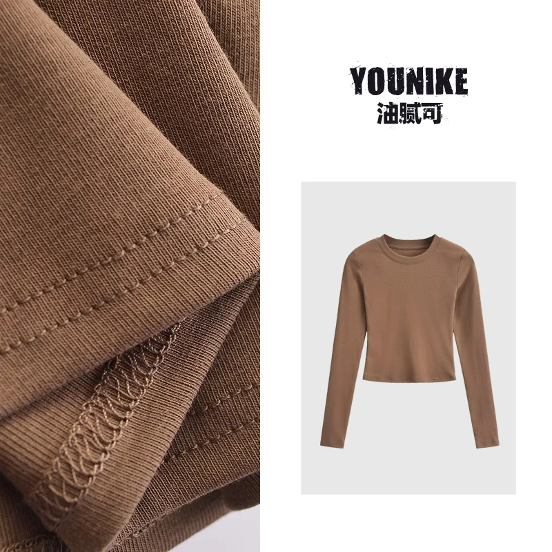 油腻可 欧美风圆领纯色短款长袖T恤女秋冬季修身显瘦内搭打底上衣
