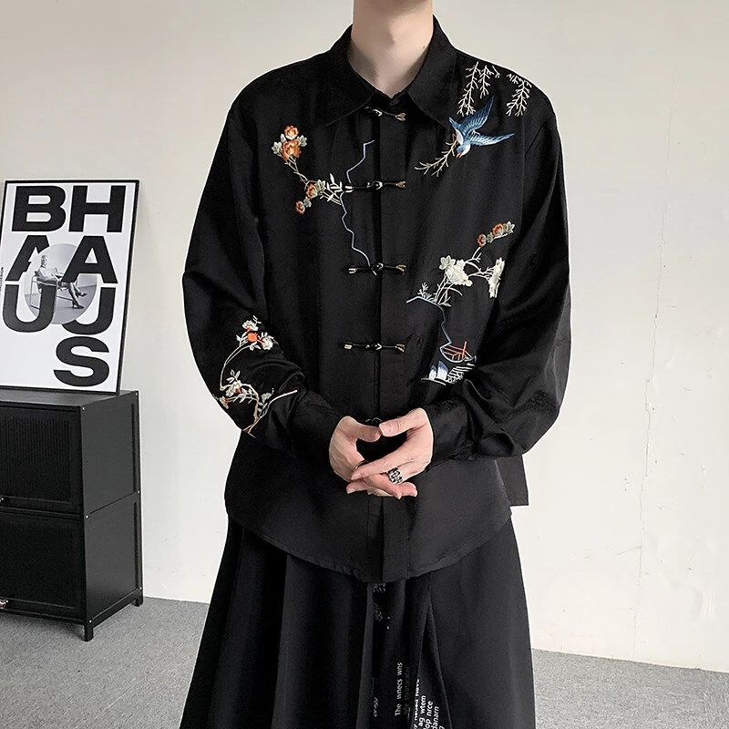 春秋高级感新中式盘扣衬衫男长袖小众花鸟刺绣民族服大码国风衬衣