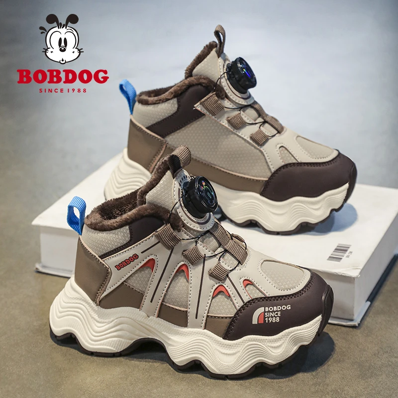 Bobdog/巴布豆冬季保暖男女童皮面加绒旋转纽扣运动鞋跑步儿童鞋