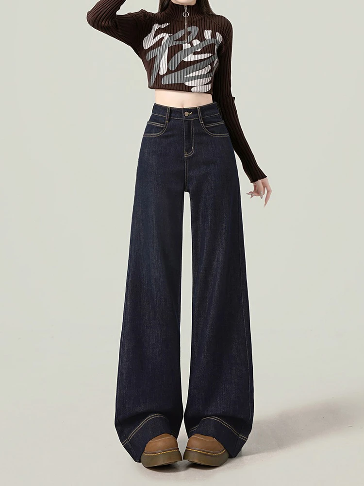 2025秋季新款防褪色丹宁蓝美式宽松阔腿牛仔裤女秋冬弹力拖地裤子