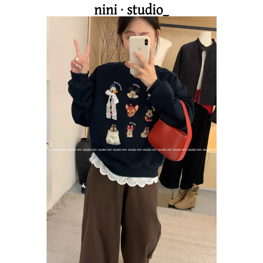 nini米奇可爱拼接蕾丝花边韩系ins风宽松卫衣